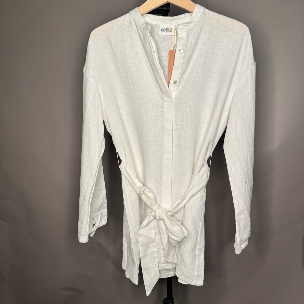 CULTIVER 100% Linen Cristi Long Sleeve Tunic Button Down Shirt w/ Belt White XS - Picture 4 of 15
